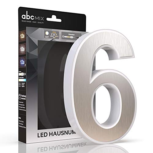 abcMIX LED Hausnummer, personalisierbare beleuchtete Hausnummer, Hausnummernleuchte mit LED - Hausnummer 6, Farbe EDELSTAHL, Lichtfarbeneinstellung, Dimmbarkeit von LongLife LED GmbH by HK