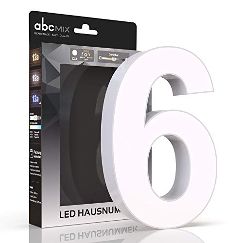 abcMIX LED Hausnummer, personalisierbare beleuchtete Hausnummer, Hausnummernleuchte mit LED - Hausnummer 6, Farbe WEIß von LongLife LED GmbH by HK