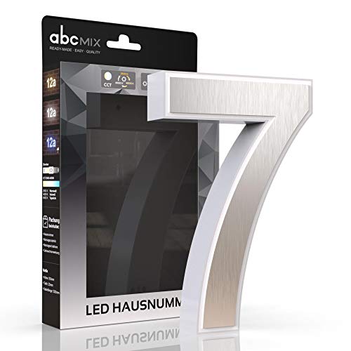 abcMIX LED Hausnummer, personalisierbare beleuchtete Hausnummer, Hausnummernleuchte mit LED - Hausnummer 7, Farbe EDELSTAHL, Lichtfarbeneinstellung, Dimmbarkeit von LongLife LED GmbH by HK