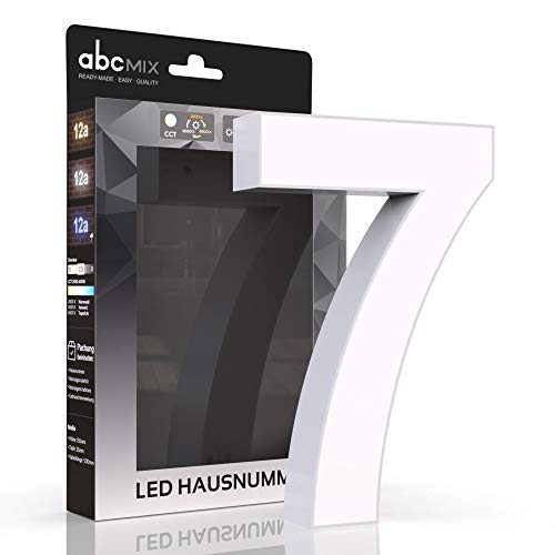 abcMIX LED Hausnummer, personalisierbare beleuchtete Hausnummer, Hausnummernleuchte mit LED - Hausnummer 7, Farbe WEIß, Lichtfarbeneinstellung, Dimmbarkeit von LongLife LED GmbH by HK