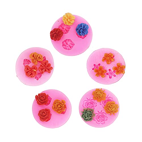 Mini-Blumen-Silikonform für Fondant, Schokoladenform, zum Dekorieren von Kuchen, Schokolade, Süßigkeiten, Backen usw. (5 Stück) von Longcang mold