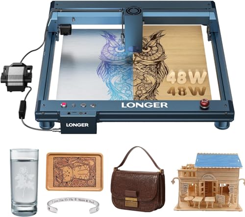 LONGER B1 130W Laser Graviermaschine, 48W Laserleistung mit verbesserter automatischer Luftunterstützung, Geschwindigkeit 36000mm/min, CNC Graviermaschine Laser Cutter für Holz, Metall, Glas, Acryl von Longer