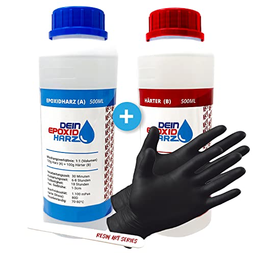 Epoxidharz mit Härter - RESIN ART | 1:1 Formel | 1000ml | Kristallklar, UV-Schutz, Mittelviskos | im Set mit Handschuhe + Rührstab Epoxidharz mit Härter - RESIN ART | 1:1 Formel | 1000ml | Kristallklar, UV-Schutz, Mittelviskos | im Set mit Handschuhe + Rührstab von Longfair