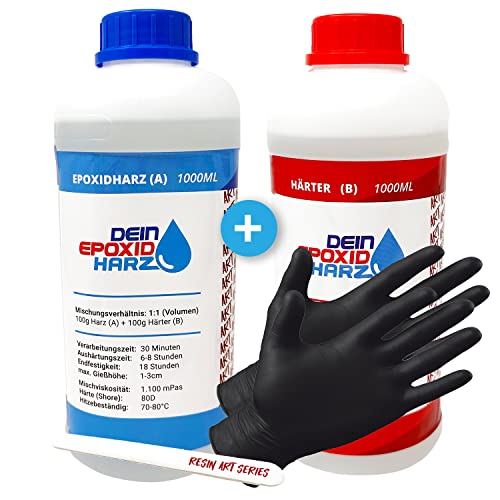 Epoxidharz mit Härter - RESIN ART | 1:1 Formel | 2000ml | Kristallklar, UV-Schutz, Mittelviskos | im Set mit Handschuhe + Rührstab Epoxidharz mit Härter - RESIN ART | 1:1 Formel | 2000ml | Kristallklar, UV-Schutz, Mittelviskos | im Set mit Handschuhe + Rührstab von Longfair