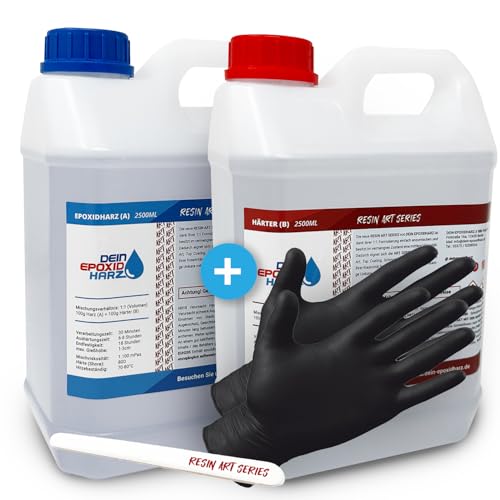 Epoxidharz mit Härter - RESIN ART | 1:1 Formel | 5000ml | Kristallklar, UV-Schutz, Mittelviskos | im Set mit Handschuhe + Rührstab Epoxidharz mit Härter - RESIN ART | 1:1 Formel | 5000ml | Kristallklar, UV-Schutz, Mittelviskos | im Set mit Handschuhe + Rührstab von Longfair