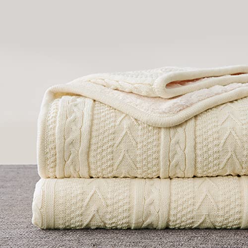 Longhui bedding Acryl-Zopfmuster Sherpa-Überwurfdecke – dick, weich, groß, gemütlich, cremefarben, gestrickte Fleece-Decken für Couch, Bett – große 152.4 x 202.4 cm, beige Decke für alle Jahreszeiten von Longhui bedding