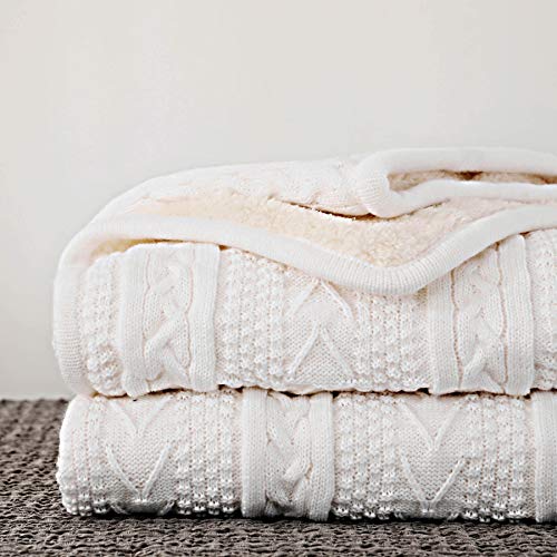 Longhui bedding Acrylic Cable Knit Sherpa Throw Blanket – Thick, Soft, Big, Cozy Ivory White Knitted Fleece Blankets for Couch, Sofa, Bed – Large 50 x 63 Inches Ivory White Coverlet All Season von Longhui bedding