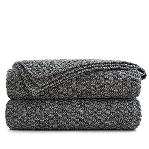 Longhui bedding Graue Strickdecke für Couch – weich, gemütlich, maschinenwaschbar, 100 % Baumwolle, Sofaüberwurf, 1,8 kg Gewicht, 152,4 x 203,2 cm Übergröße, grau-weiß von Longhui bedding