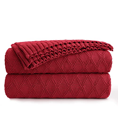 Longhui bedding Wine Red Cotton Knit Throw Blanket for Couch Sofa Bed - Home Decorative Soft Cozy Sweater Woven Fall Cable Oversize Knitted Blankets - 3.4 pounds 60 x 80 Inch von Longhui bedding