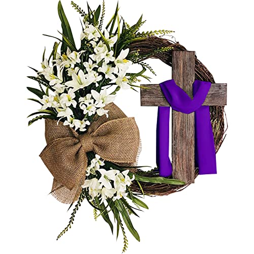 Türkranz Ostern Osterdeko Osterkranz Haustür Kranz mit Leinen Schleife Jesus Christus Kreuz Lily Deko Türkranz Ganzjährig Türkranz Frühling Tür Deko Ostern Deko Frühlingskranz Tischkranz Tischdeko von Longra