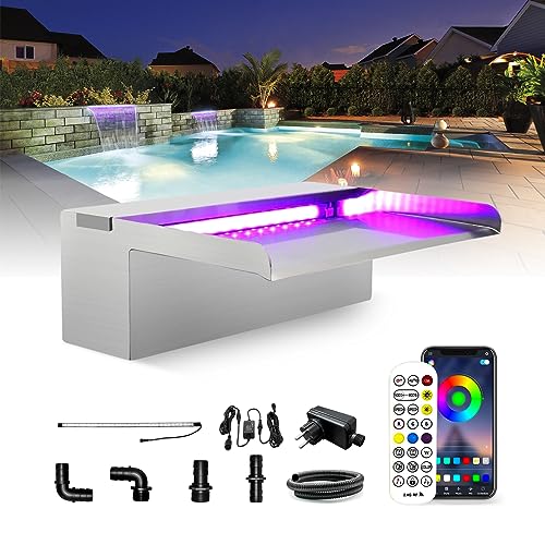 LONGRUN Edelstahl Wasserfall Überlauf, APP Kontrolle Multi-Farben LED-Licht Draussen Pool Brunnen, Koi Teich Wasserfälle Brunnen Kit für Garten Terrasse Pool Dekoration-30x20x10cm von Longrun