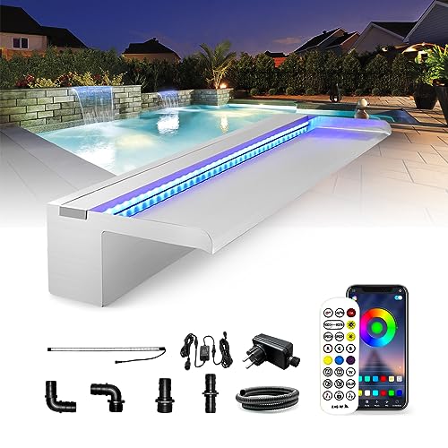 LONGRUN Edelstahl Wasserfall Überlauf, APP Kontrolle Multi-Farben LED-Licht Draussen Pool Brunnen, Koi Teich Wasserfälle Brunnen Kit für Garten Terrasse Pool Dekoration-60x20x10cm von Longrun