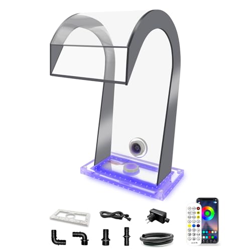 LONGRUN Teich Wasserfall, S-Form Acryl Pool Waterfall, 25x42.5x26cm Schwimmbad Brunnen mit 7-Farbiger Bluetooth LED, Wasserfall-Set für Garten und Pools von Longrun