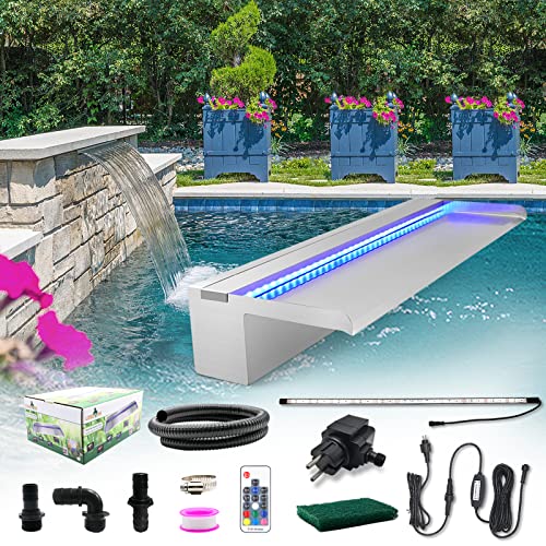 LONGRUN Wasserfall Edelstahl Pool Springbrunnen mit Mehrfarbig LED, Teich Brunnen Kaskaden Wasserfall für Garten Deko - 60x20x10cm von Longrun