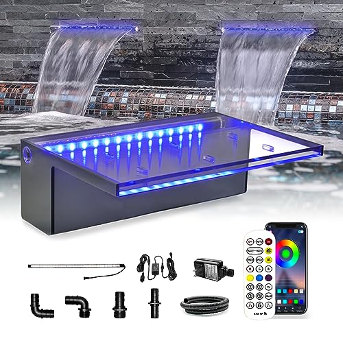 LONGRUN Wasserfall Überlauf APP Kontrolle Mehrfarbig LED-Licht Draussen Pool Brunnen, Acryl Wasser Überlauf Koi Teich Wasserfälle Brunnen Kit für Garten Terrasse Schwimmbad Dekoration -30 cm von Longrun