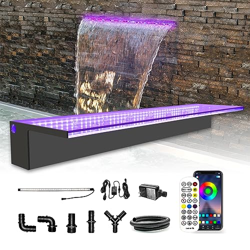 LONGRUN Wasserfall Überlauf APP Kontrolle Mehrfarbig LED-Licht Draussen Pool Brunnen, Acryl Wasser Überlauf Koi Teich Wasserfälle Brunnen Kit für Garten Terrasse Schwimmbad Dekoration -90 cm von Longrun