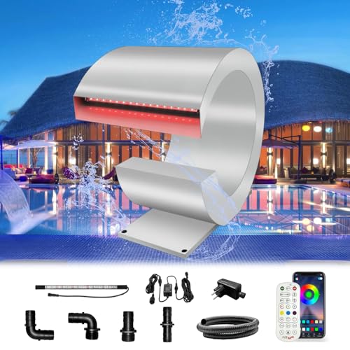 Longrun J -förmiger Wasserfall Spillway Edelstahl Swimmingpool Brunnen, RF & App Kontrollierte LED Licht Outdoor Teichwasserfälle Kit für Garten Terrasse Pool Koi Teiche Dekoration-34.5 cm Höhe von Longrun