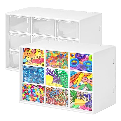 Aufbewahrungsbox mit 9 Schubladen (2 Stück), kleine Schubladen, transparent, Kunststoff, Aufbewahrungsboxen für Bürobedarf, Spielzeug, Schmuck, Kosmetiksammlung (weiß) von Longzhuo