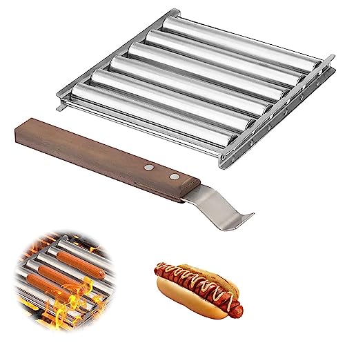 Hot Dog Roller Edelstahl Wurstroller Rack,Hot Dog Maker mit extra langem Holzgriff,BBQ Hot Dog Griller Max 5 Hot Dog Kapazität für gleichmäßig gekochte Hot Dog von Longzhuo