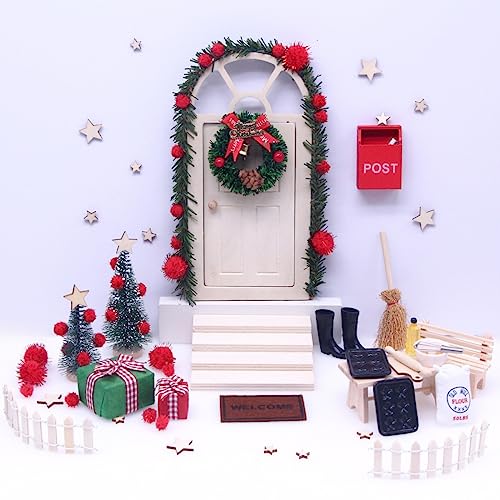 Longzhuo 27 PCS Wichteltür Zubehör Weihnachten Set,Wichteltür Weihnachtsdeko, Holz Wichtel Tür mit Miniatur Briefkästen, Zäun, Leiter, Stiefel, Kranz,Weihnachtswichtel Tür Set für Kinder Geschenke von Longzhuo