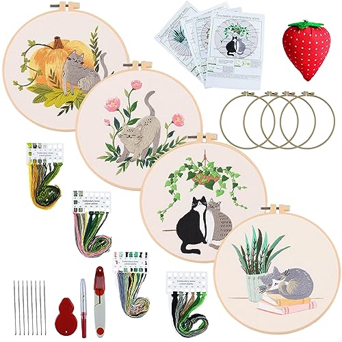 Longzhuo Sticken Set Erwachsene,4 Sets Anfänger Stickerei Set Embroidery Kit Stick Starter Kit mit Katzenmuster Set Stickrahmen, Farbfäden und Werkzeuge, für DIY Kunst Handwerk Nähen von Longzhuo