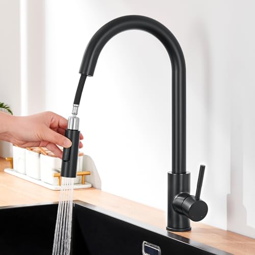 Lonheo Wasserhahn Küche Schwarz, Hochdruck Küchenarmatur Ausziehbar, 360° Drehbar Mischbatterie Küche mit Brause 2 Wasserstrahlarten, Edelstahl Spültischarmatur Küche für Küchenspüle von Lonheo