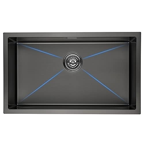Lonheo Spülbecken Schwarz 74 x 44cm, Küchenspüle 1 becken, Spüle Edelstahl mit Siphon Über- und Ablaufgarnitur, Flächenbündig/Unterbau, XL Groß von Lonheo