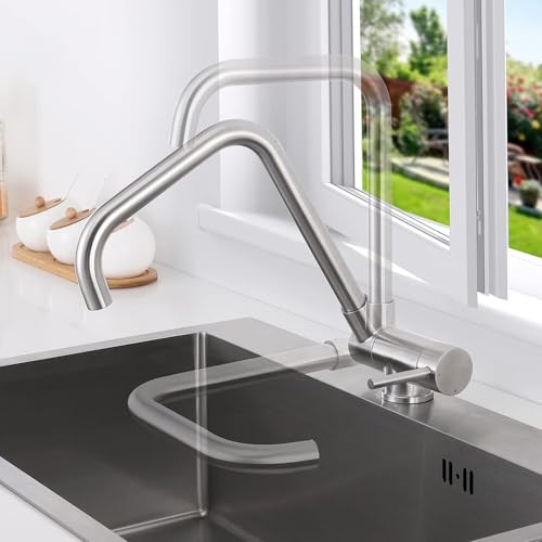 Lonheo Vorfenster Küchenarmatur Klappbar, Hochdruck Wasserhahn Küche Armatur, Edelstahl Mischbatterie Küche 360° Drehbar Spültischarmatur mit Schlauch von Lonheo