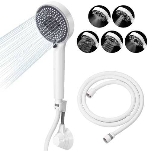 Lonian 5 Sprühmodi, Hochdruck-Handbrausekopf-Set, hoher Durchfluss, Handbrause mit 1,5 m Schlauch, verstellbarer Halterung, Klebeband, Gummi-Unterlegscheiben (weiß) von Lonian