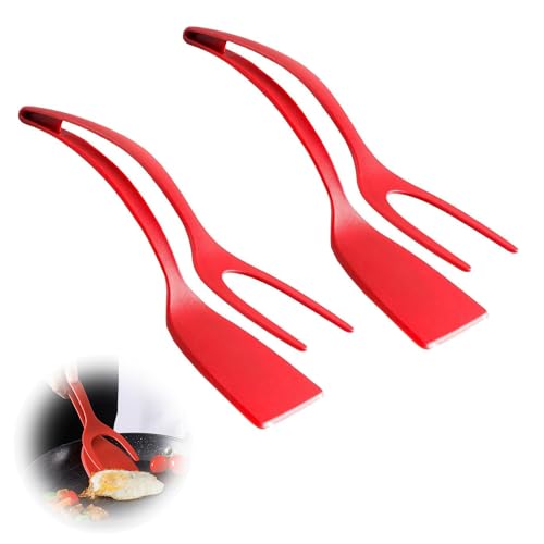 2 Stück 2 in 1 Easy Egg Flipper, Handgriff-Umdrehung der Zange, Antihaft Flipper Eierwender, Antihaft-Lebensmittelklammer, Hochtemperaturbeständiges Nylon in Lebensmittelqualität (Rot) von Lonimia