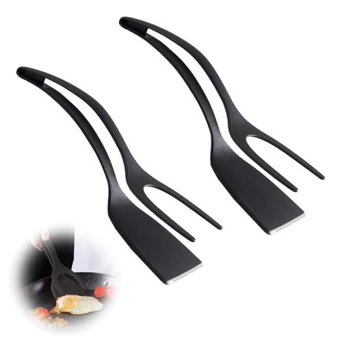 2 Stück 2 in 1 Easy Egg Flipper, Handgriff-Umdrehung der Zange, Antihaft Flipper Eierwender, Antihaft-Lebensmittelklammer, Hochtemperaturbeständiges Nylon in Lebensmittelqualität (Schwarz) von Lonimia