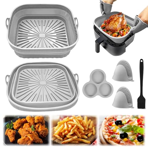 Silikonform heißluftfritteuse,20cm Air Fryer Silicone Pot Wiederverwendbar Luftfritteuse Silikontopf mit zwei Ofenhandschuhen, Bürste，Hitzebeständig Einfache Reinigung für Mikrowelle Ofenzubehör von Lonimia