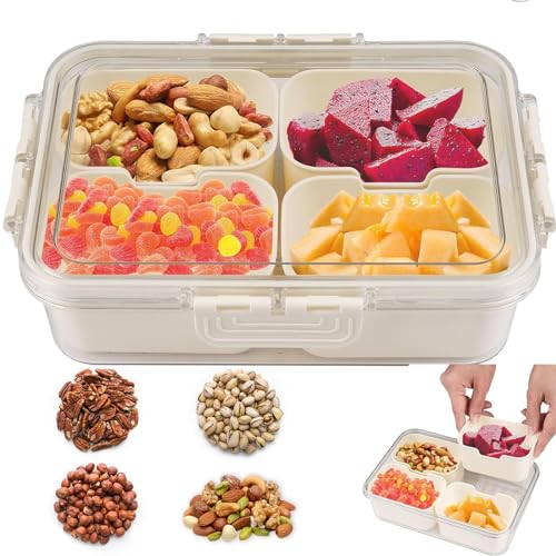 Lonimia Snackschale mit Deckel, Snackteller mit Deckel Unterteilte Snackbox, Snackbox mit Fächern Plastik Snackbox, Snackteller Zur Aufbewahrung von Gewürzen,Süßigkeiten (Snackschale mit 4 Fächern) von Lonimia