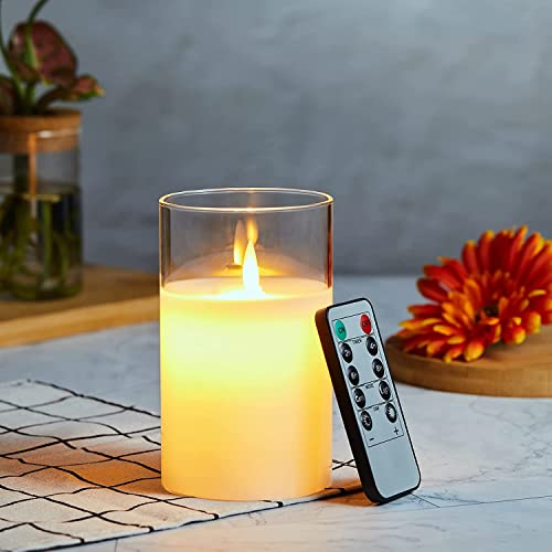 LED Kerzen Mit Flackernder Flamme - Flammenlose Echtwachssäule Mit Fernbedienung, Glas, 24 Stunden Timer - Batteriebetrieben, 10cm Weiß von Lonkenn
