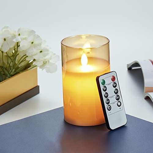 LED Kerzen, Flammenlose Kerzen Flackern, LED Kerzen Flackernde Flamme mit Glas, LED Kerzen mit Fernbedienung, Echtwachssäule Kerzen, Batteriebetriebene LED Kerzen mit 24 Stunden Timer 12.5cm--Braun von Lonkenn