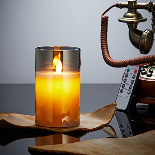 LED Kerzen, Flammenlose Kerzen Flackern, LED Kerzen Flackernde Flamme mit Glas, LED Kerzen mit Fernbedienung, Echtwachssäule Kerzen, Batteriebetriebene LED Kerzen mit 24 Stunden Timer-15cm Grau von Lonkenn