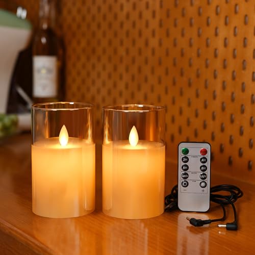 Lonkenn 2er-Pack Wiederaufladbare LED-Kerzen, Flammenlose Kerzen Kerzenlicht mit Fernbedienung, Flackern Kerzen, Batteriebetriebene Stumpenkerzen in Glas, 15 cm in Braun (Ladekabel Inklusive) von Lonkenn