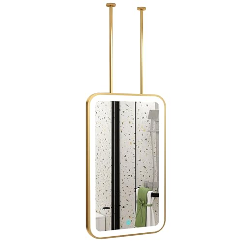 Lonmrrton Abgehängte Deckenspiegel mit Metallrahmen, LED-Badezimmer-Kosmetikspiegel zur Wanddekoration, Goldener rechteckiger schwebender Spiegel, dimmbare Beleuchtung in 3 Farben(40cmx70cm) von Lonmrrton