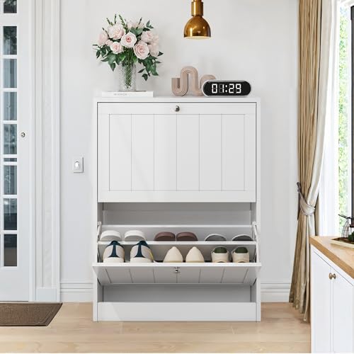 Lontl Moderner Schuhschrank, 120x99x35 cm, Weiß, 4 Türen, 1 Schublade, Verstellbare Regale, Sideboard für Flur und Wohnzimmer (60 cm weißer Schuhschrank) von Lontl