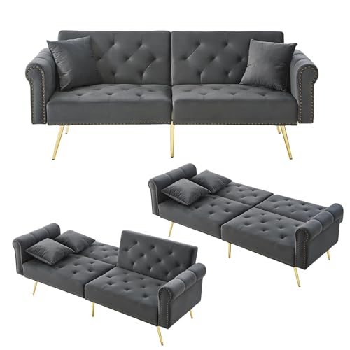 Lontl Schlafsofa 2 Sitzer mit Schlaffunktion – Verstellbares Sofa aus Samt, Schlafcouch klappbar & platzsparend, kleines Sofa für Wohnzimmer & Gästezimmer (Antique Gray) von Lontl