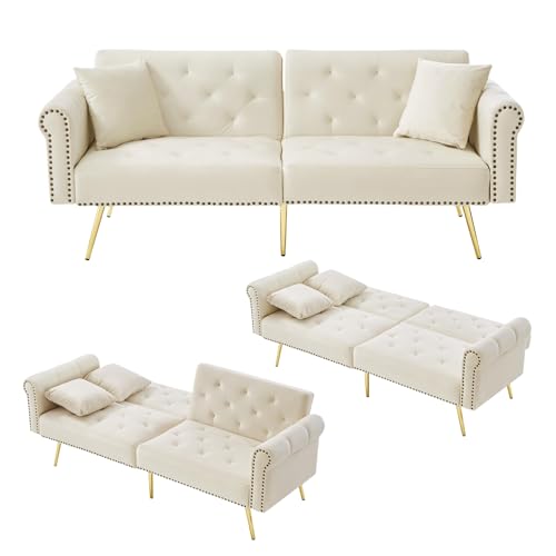 Lontl Schlafsofa 2 Sitzer mit Schlaffunktion – Verstellbares Sofa aus Samt, Schlafcouch klappbar & platzsparend, kleines Sofa für Wohnzimmer & Gästezimmer (Beige 2-Sitzer-Schlafsofa) von Lontl