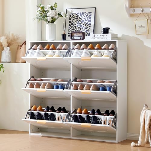 Schuhschrank Weiß Schmal mit 6 Klappenfächern – Moderner Schuhkipper freistehend, Schuhkommode mit offenen Ablagen, platzsparendes Schuhregal für Flur, Diele oder Eingangsbereich 118*115*25 cm Schuhschrank Weiß Schmal mit 6 Klappenfächern – Moderner Schuhkipper freistehend, Schuhkommode mit offenen Ablagen, platzsparendes Schuhregal für Flur, Diele oder Eingangsbereich 118*115*25 cm von Lontl