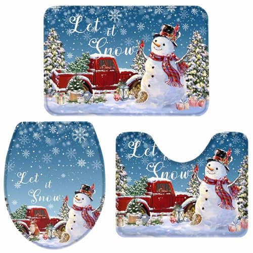Badezimmer-Set mit Weihnachts-Schneemann, 3-teilig, rutschfeste Matten mit U-förmigem Teppich, himmelblaue Schneeflocken-Kontur, WC-Vorleger für große Badezimmer-Bodendekoration Badezimmer-Set mit Weihnachts-Schneemann, 3-teilig, rutschfeste Matten mit U-förmigem Teppich, himmelblaue Schneeflocken-Kontur, WC-Vorleger für große Badezimmer-Bodendekoration von LooPoP