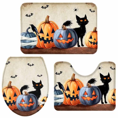 Halloween-Badezimmerteppiche und -Matten-Set, 3-teilig, Motiv: Grimasse, Kürbis, schwarze Katze, rutschfestes Badteppich-Set mit U-förmigem Teppich, Fledermäuse, Holzkontur, Toilettenvorleger für Halloween-Badezimmerteppiche und -Matten-Set, 3-teilig, Motiv: Grimasse, Kürbis, schwarze Katze, rutschfestes Badteppich-Set mit U-förmigem Teppich, Fledermäuse, Holzkontur, Toilettenvorleger für von LooPoP