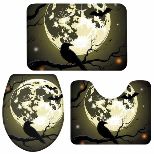 Halloween-Badezimmerteppiche und -Matten-Set, 3-teilig, gruselige Nacht, Mond, Badteppich-Set mit U-förmigem Teppich, Horror, Krähe, Fledermaus, Kontur, Toilettenvorleger für Badezimmer, Boden, Urlaub Halloween-Badezimmerteppiche und -Matten-Set, 3-teilig, gruselige Nacht, Mond, Badteppich-Set mit U-förmigem Teppich, Horror, Krähe, Fledermaus, Kontur, Toilettenvorleger für Badezimmer, Boden, Urlaub von LooPoP