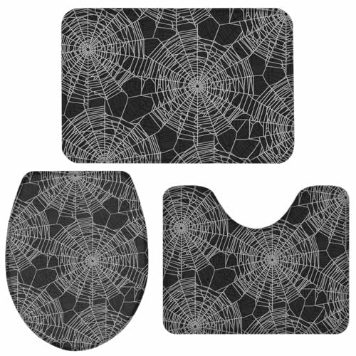 Halloween-Badezimmerteppiche und -Matten-Set, 3-teilig, schwarzes Spinnennetz-Badeset, rutschfester Badteppich-Set mit U-förmigem Teppich, Horror-Netzen, Kontur-WC-Teppiche für Badezimmer, Boden von LooPoP