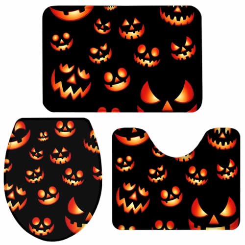 Halloween-Badezimmerteppiche und -matten-Set, 3-teilig, gruselige Jack-O-Lanterns, Badteppich-Set mit U-förmigem Teppich, orangefarbener schwarzer Kürbis, Grimace-Kontur, WC-Teppiche für Badezimmer Halloween-Badezimmerteppiche und -matten-Set, 3-teilig, gruselige Jack-O-Lanterns, Badteppich-Set mit U-förmigem Teppich, orangefarbener schwarzer Kürbis, Grimace-Kontur, WC-Teppiche für Badezimmer von LooPoP