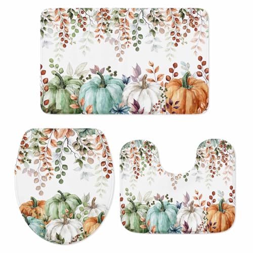 Herbst-Badezimmerteppiche und -Matten-Set, 3-teilig, Eukalyptusblätter, Badteppich-Set mit U-förmigem Teppich, Salbeigrün, Ahornblättern, Kürbis, Erntedankfest, Kontur-WC-Vorleger für Badezimmer Herbst-Badezimmerteppiche und -Matten-Set, 3-teilig, Eukalyptusblätter, Badteppich-Set mit U-förmigem Teppich, Salbeigrün, Ahornblättern, Kürbis, Erntedankfest, Kontur-WC-Vorleger für Badezimmer von LooPoP