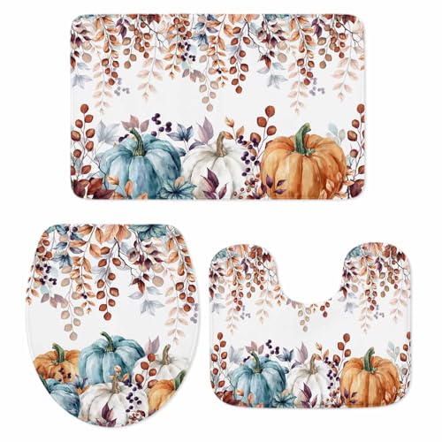 Herbst-Badezimmerteppiche und -Matten-Set, 3-teilig, Herbst-Eukalyptusblätter, Badteppich-Set mit U-förmigem Teppich, Ahornblättern, Flut, Kürbis, Erntedankfest, Kontur-WC-Vorleger für Badezimmer Herbst-Badezimmerteppiche und -Matten-Set, 3-teilig, Herbst-Eukalyptusblätter, Badteppich-Set mit U-förmigem Teppich, Ahornblättern, Flut, Kürbis, Erntedankfest, Kontur-WC-Vorleger für Badezimmer von LooPoP