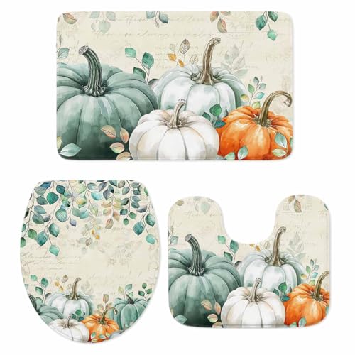 Herbst-Badezimmerteppiche und -matten-Set, 3-teilig, grüner Kürbis-Badeset, rutschfester Badteppich-Set mit U-förmigem Teppich, Eukalyptusblätter, Zweig, Erntedankfest, Kontur-WC-Vorleger für Herbst-Badezimmerteppiche und -matten-Set, 3-teilig, grüner Kürbis-Badeset, rutschfester Badteppich-Set mit U-förmigem Teppich, Eukalyptusblätter, Zweig, Erntedankfest, Kontur-WC-Vorleger für von LooPoP